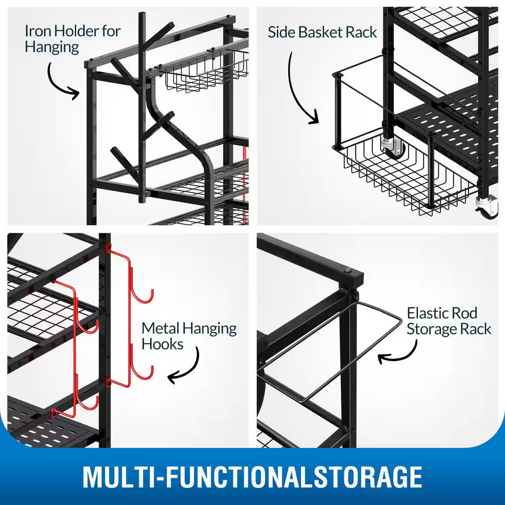 4 Layers Yoga Mat Storage Rack, Dumbbells Rack, Home Gym Holder Garage Storage Organizer with Wheels and Hooks